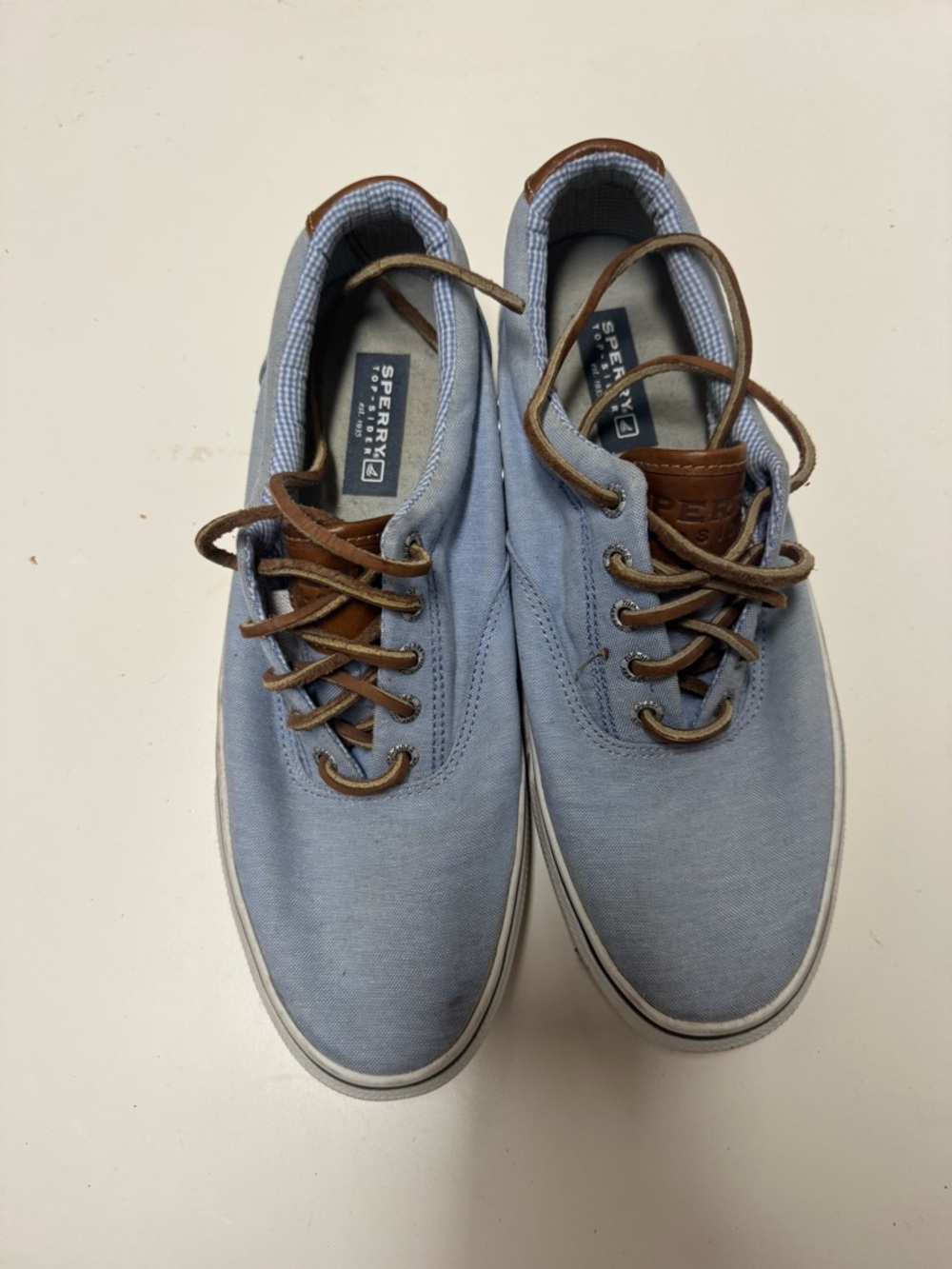 Sperry Light Blue Canvas Boat Shoes with Brown Accents